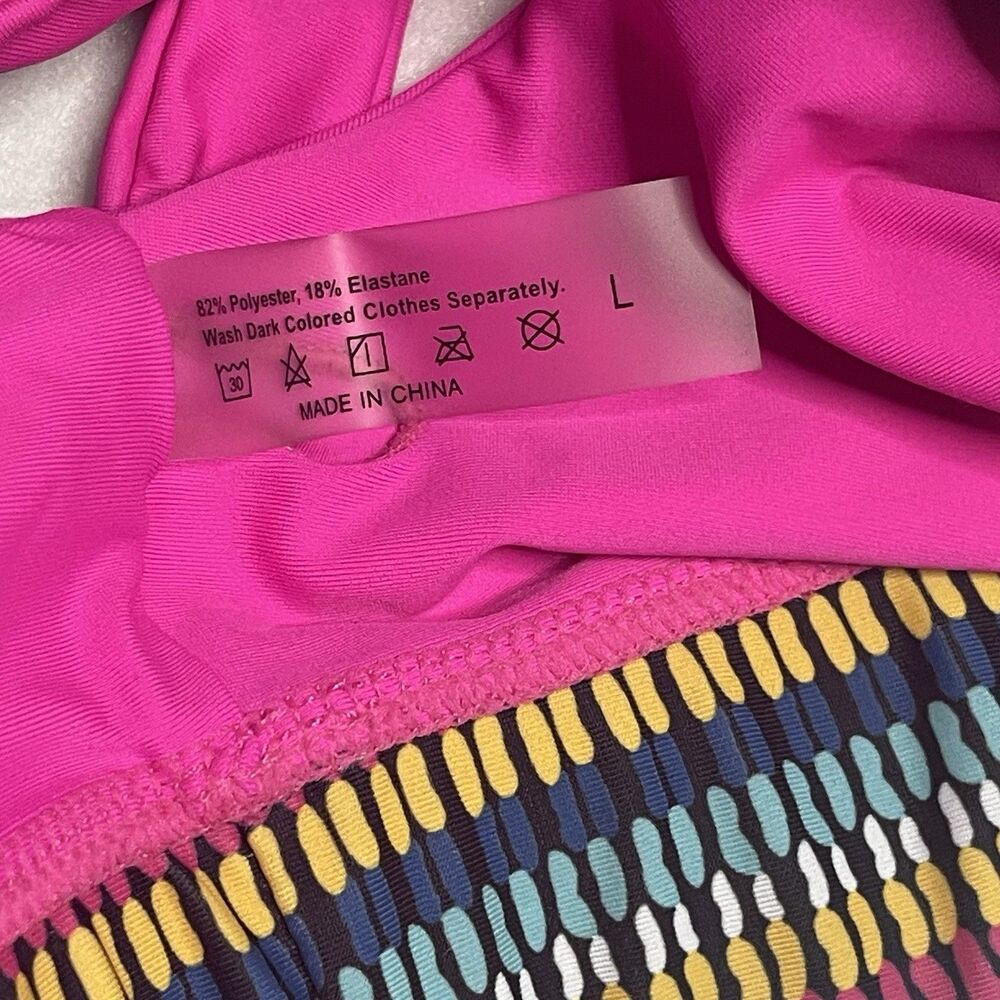 Vibrant Pink Bikini Set with Patterned Waistband Size Large - Picture 4 of 6